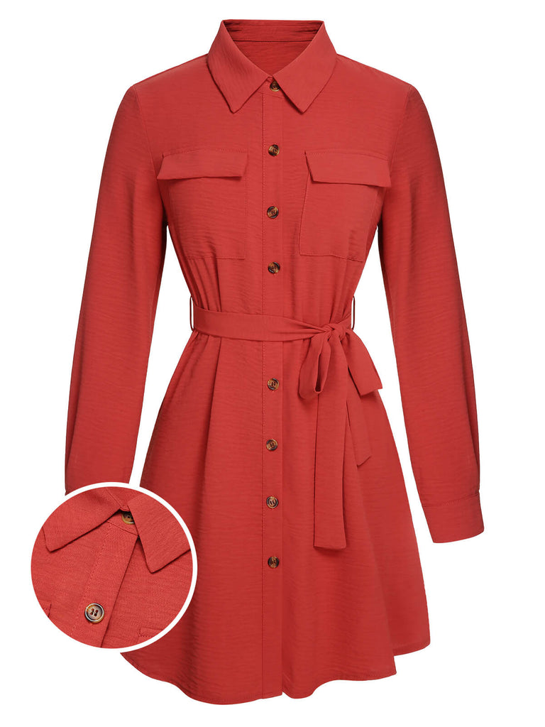 Red 1970s Lapel Long Sleeve Shirt Dress, vintage dress, retro fashion - perfect for women who love vintage and retro fashion