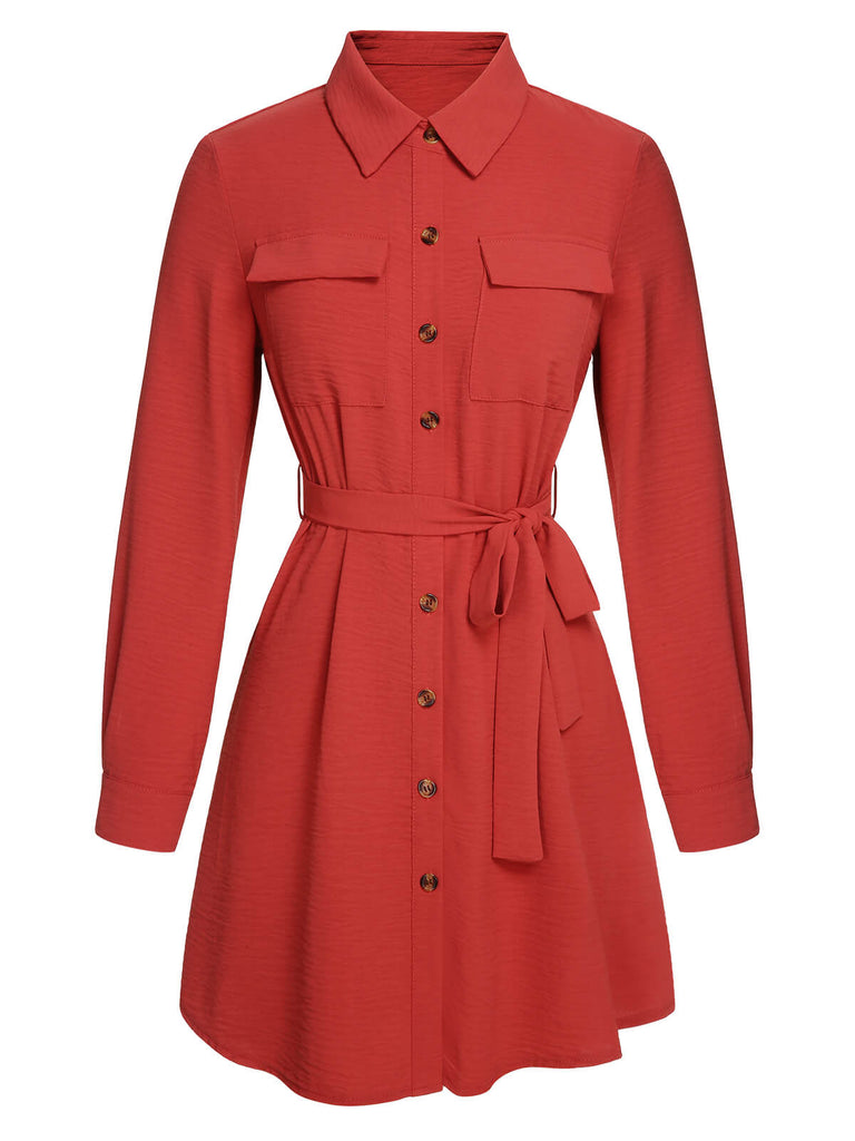 Red 1970s Lapel Long Sleeve Shirt Dress, vintage dress, retro fashion - perfect for women who love vintage and retro fashion