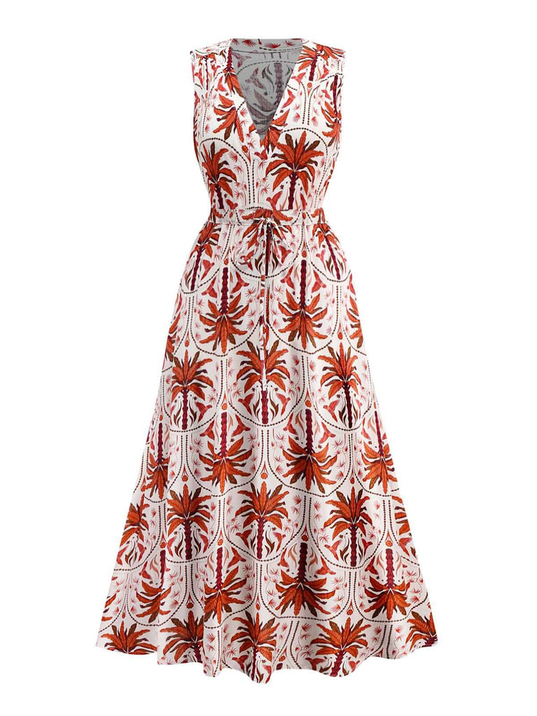 Red 1970s Lapel V-Neck Tropical Plants Dress - vintage dress, retro fashion, elegant red