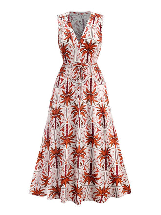 Red 1970s Lapel V-Neck Tropical Plants Dress - vintage dress, retro fashion, elegant red
