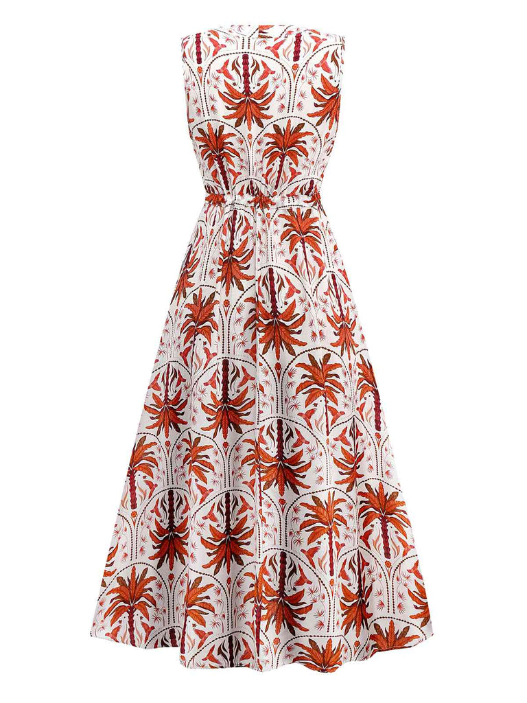 Red 1970s Lapel V-Neck Tropical Plants Dress - vintage dress, retro fashion, elegant red