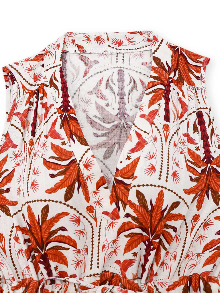 Red 1970s Lapel V-Neck Tropical Plants Dress - vintage dress, retro fashion, elegant red