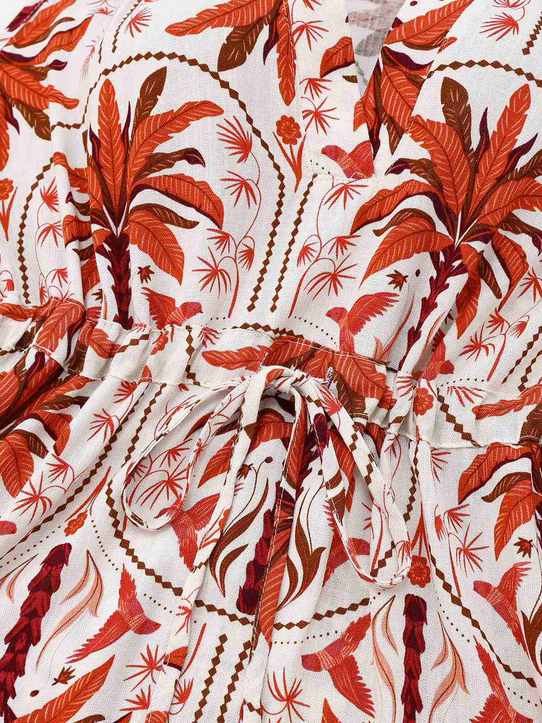 Red 1970s Lapel V-Neck Tropical Plants Dress - vintage dress, retro fashion, elegant red