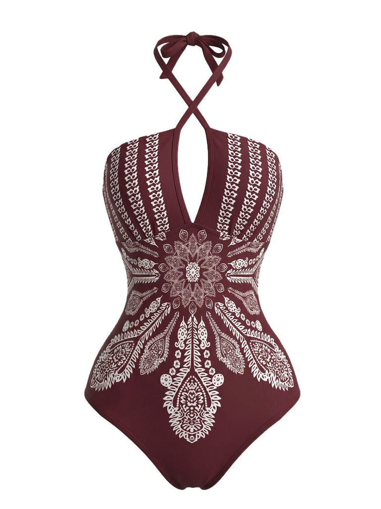 Red 1970s Mandala Cross-Halter Boho One-Piece Swimsuit - vintage swimsuit, pin-up swimwear for vintage lovers