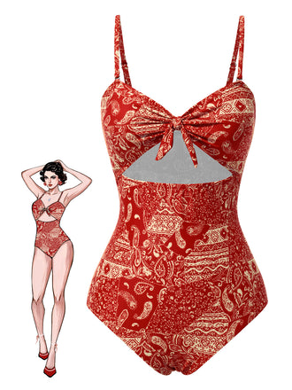 She's wearing Red 1970s Paisley Hollow Spaghetti Straps Swimsuit and the whole beach remembers the 1970s