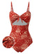Red 1970s Paisley Hollow Spaghetti Straps Swimsuit: 1970s Riviera elegance, reimagined for her