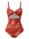 Red 1970s Paisley Hollow Spaghetti Straps Swimsuit, vintage swimsuit, pin-up swimwear - perfect for women who love vintage and retro fashion