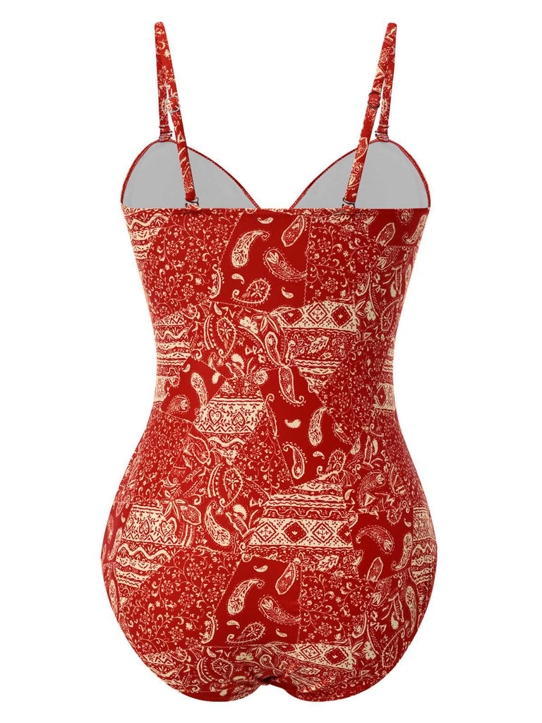 Red 1970s Paisley Hollow Spaghetti Straps Swimsuit, vintage swimsuit, pin-up swimwear - perfect for women who love vintage and retro fashion