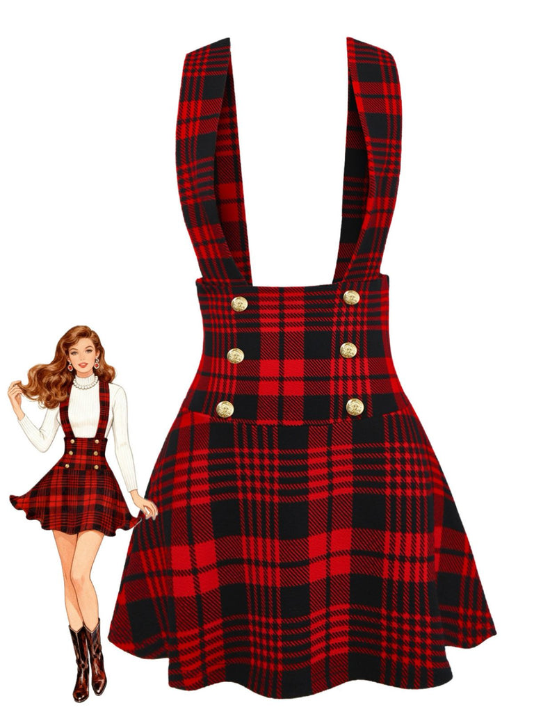 Red 1970s Plaids Button Suspender Skirt - vintage skirt, retro style, elegant red