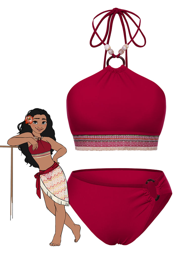 Red 1970s Princess Style Beading Halter Bikini Set - vintage fashion, retro style, elegant red