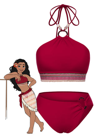 Red 1970s Princess Style Beading Halter Bikini Set - vintage fashion, retro style, elegant red