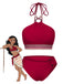 Red 1970s Princess Style Beading Halter Bikini Set - vintage fashion, retro style, elegant red