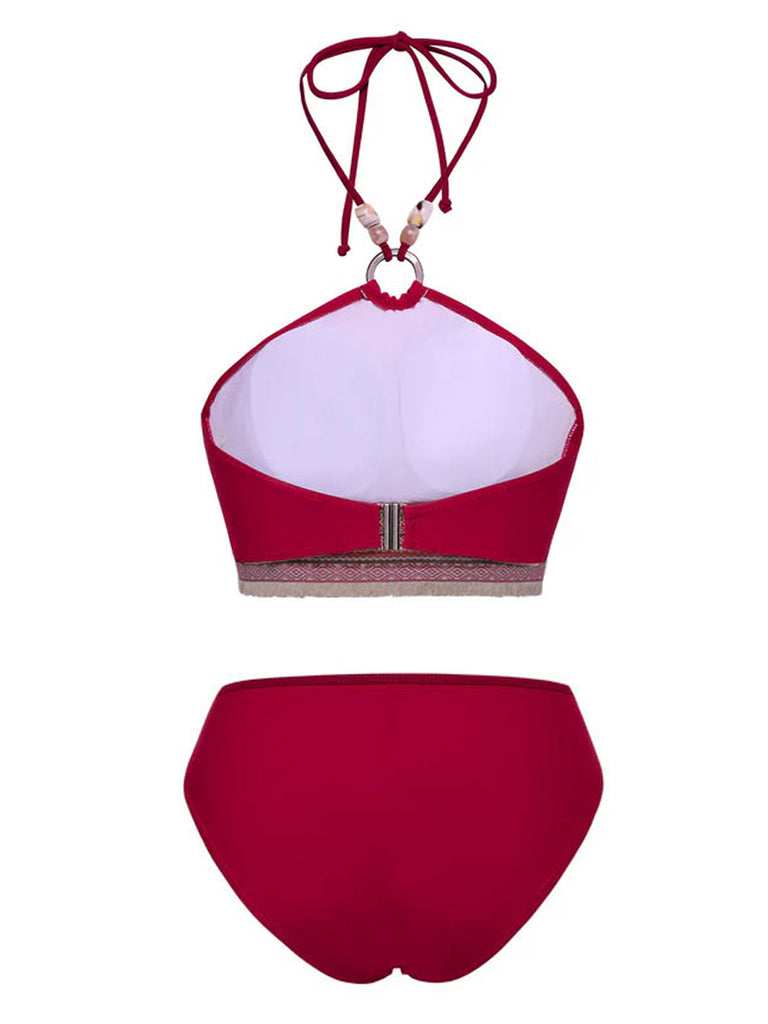 Red 1970s Princess Style Beading Halter Bikini Set - vintage fashion, retro style, elegant red