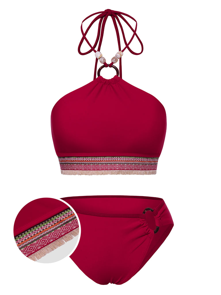 Red 1970s Princess Style Beading Halter Bikini Set, vintage swimsuit, pin-up swimwear - perfect for women who love vintage and retro fashion