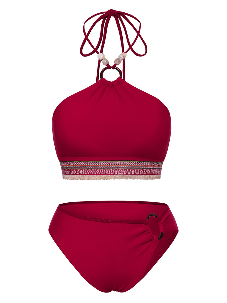 Red 1970s Princess Style Beading Halter Bikini Set, vintage swimsuit, pin-up swimwear - perfect for women who love vintage and retro fashion