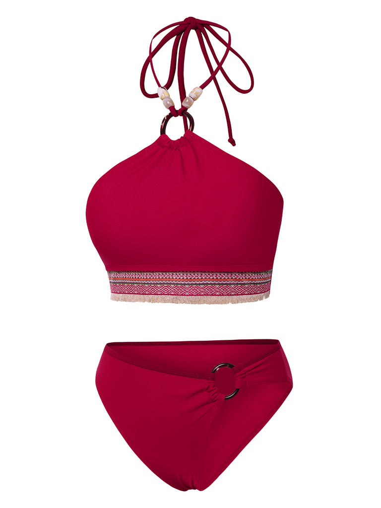 Red 1970s Princess Style Beading Halter Bikini Set, vintage swimsuit, pin-up swimwear - perfect for women who love vintage and retro fashion