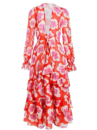 Red 1970s Ruffles Floral Cover-Up Dress - vintage dress, retro fashion, elegant red