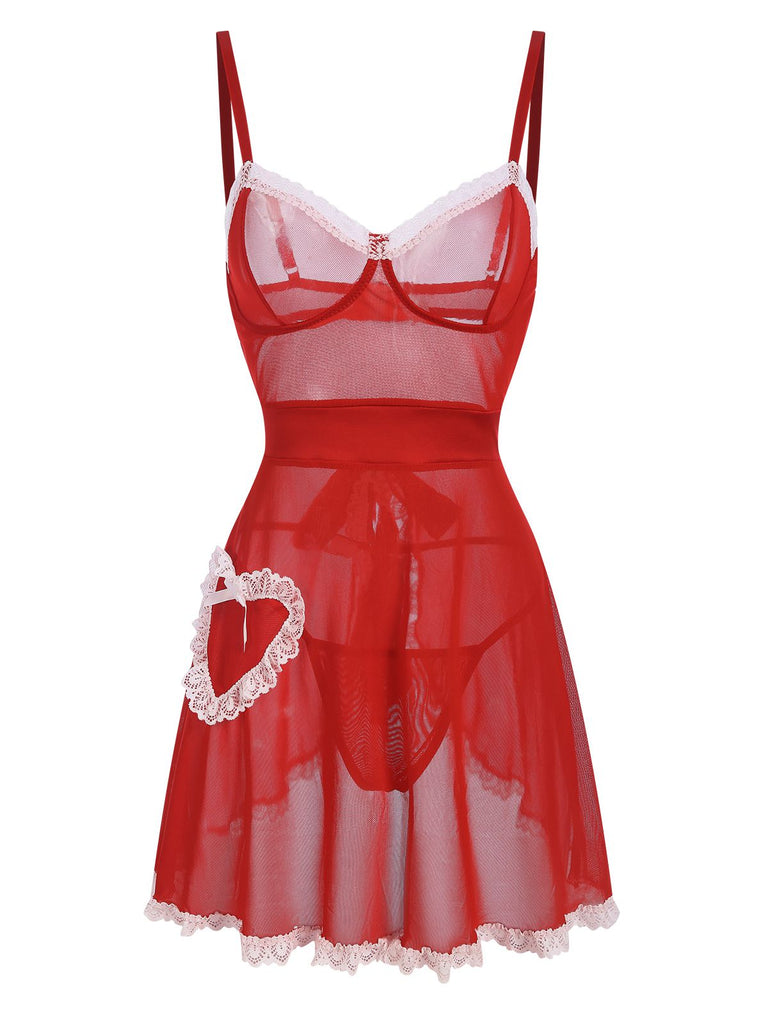 She slips into this Red 1970s Sheer Lace-Up Nightgown and suddenly it's a 1970s daydream
