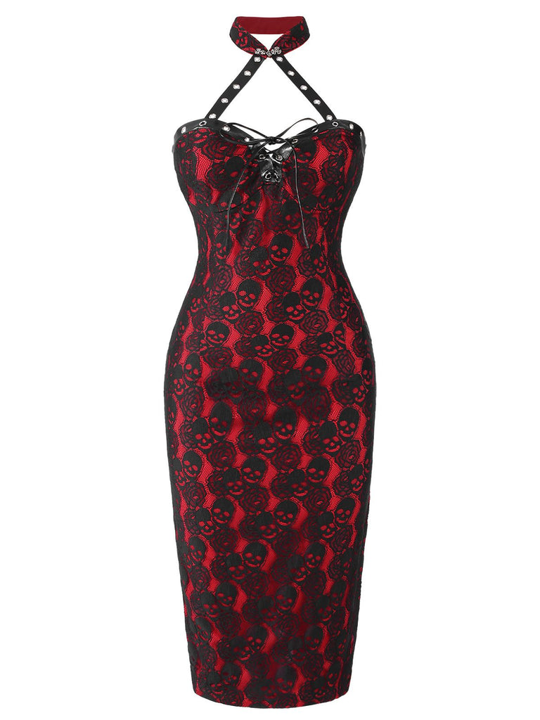Red 1970s Skull Gothic Halter Pencil Dress, vintage dress, retro fashion - perfect for women who love vintage and retro fashion
