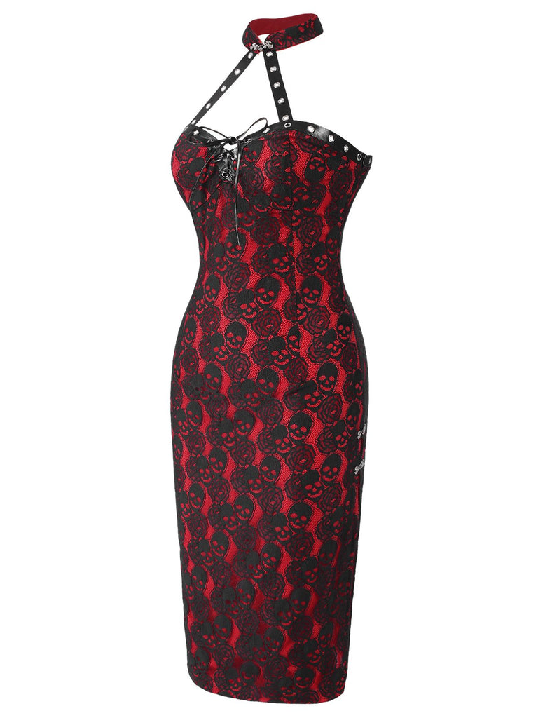 Red 1970s Skull Gothic Halter Pencil Dress, vintage dress, retro fashion - perfect for women who love vintage and retro fashion
