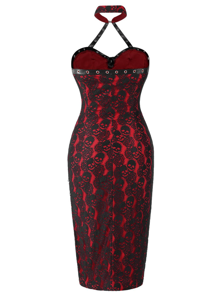 Red 1970s Skull Gothic Halter Pencil Dress, vintage dress, retro fashion - perfect for women who love vintage and retro fashion