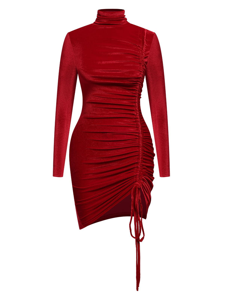 Red 1970s Solid Long Sleeves Velvet Dress, vintage dress, retro fashion - perfect for women who love vintage and retro fashion