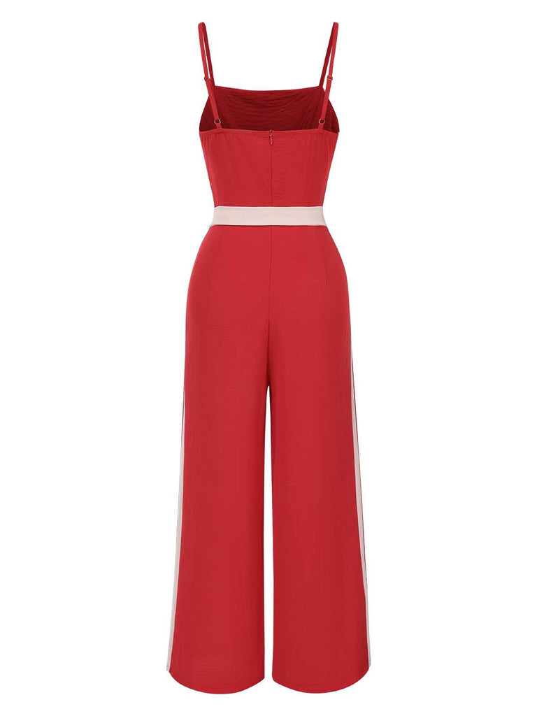 Red 1970s Spaghetti Strap Belted Stripe Jumpsuit: 1970s detail work for the woman who notices