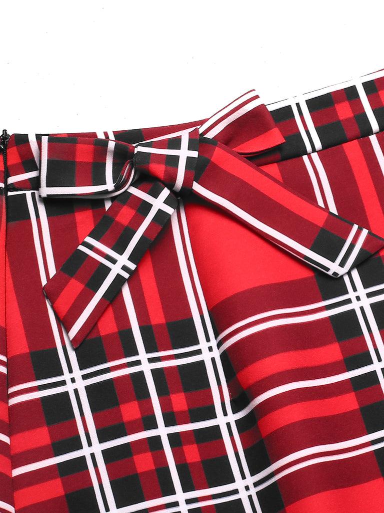 Red 1970s Tartan Plaids Bow Ruffles Skirt — 1970s femininity that moves with her mood