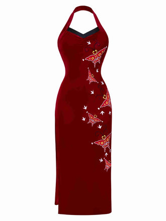 Red 1980s Ada-Wong Embroidered Butterfly Velvet Dress, vintage dress, retro fashion - perfect for women who love vintage and retro fashion