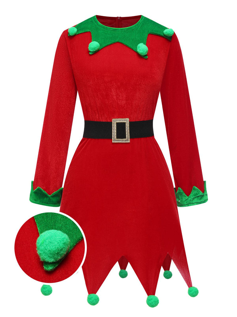 Red 1980s Christmas Elf Costume Dress Set - vintage dress, retro fashion, elegant red