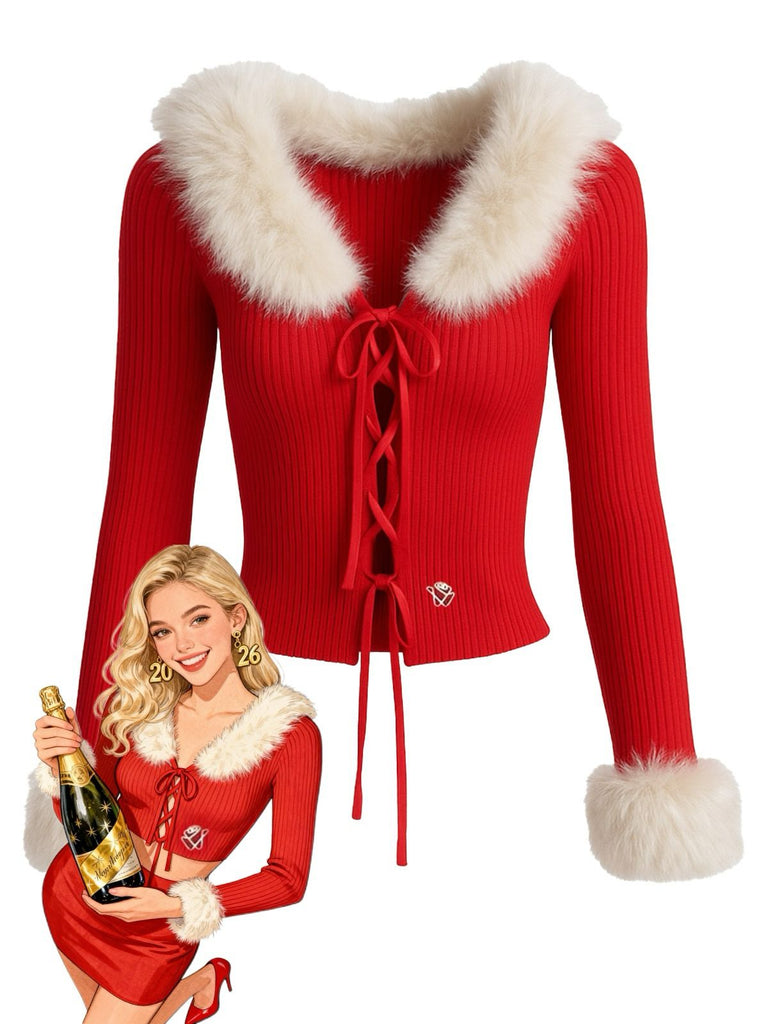 Red 1980s Detachable Fur Collar Tie Knit Cardigan - vintage fashion, retro style, elegant red