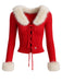 Red 1980s Detachable Fur Collar Tie Knit Cardigan - vintage fashion, retro style, elegant red