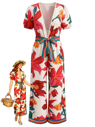 Red 1980s Floral Short Sleeve Wide-Leg Belted Jumpsuit, vintage romper, retro jumpsuit - perfect for women who love vintage and retro fashion