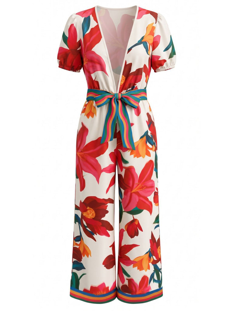Red 1980s Floral Short Sleeve Wide-Leg Belted Jumpsuit, vintage romper, retro jumpsuit - perfect for women who love vintage and retro fashion