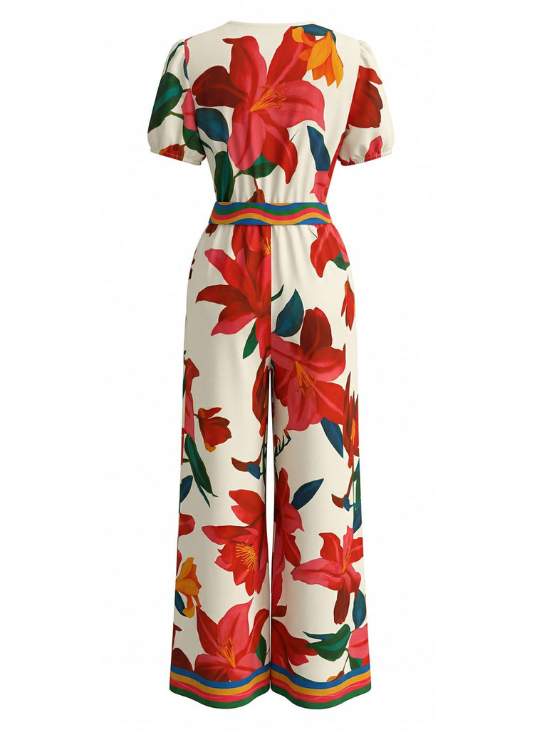 Red 1980s Floral Short Sleeve Wide-Leg Belted Jumpsuit, vintage romper, retro jumpsuit - perfect for women who love vintage and retro fashion