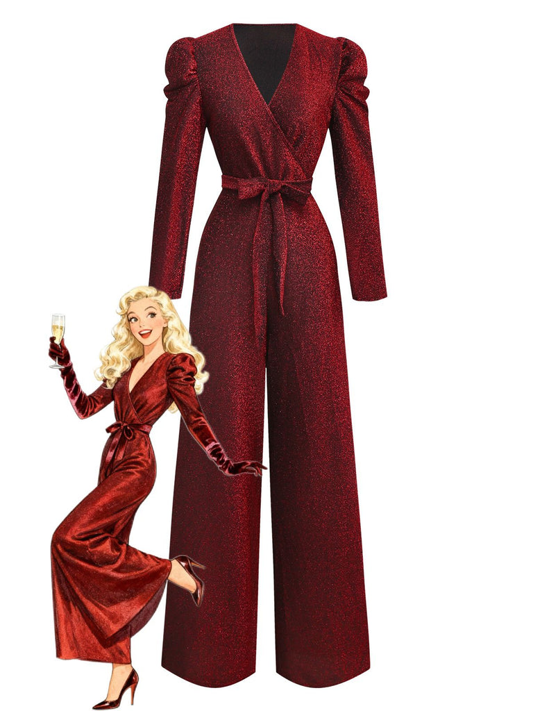 Red 1980s Glitter Deep-V Long Sleeve Jumpsuit - vintage jumpsuit, retro fashion, elegant red