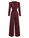 Red 1980s Glitter Deep-V Long Sleeve Jumpsuit - vintage jumpsuit, retro fashion, elegant red