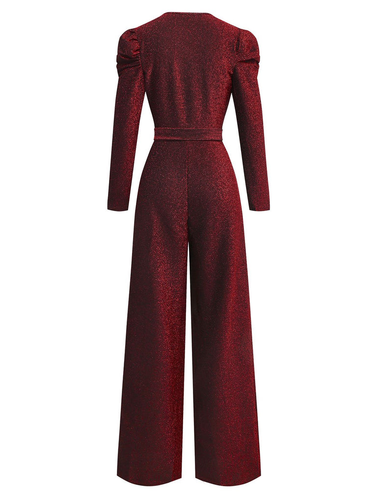 Red 1980s Glitter Deep-V Long Sleeve Jumpsuit - vintage jumpsuit, retro fashion, elegant red