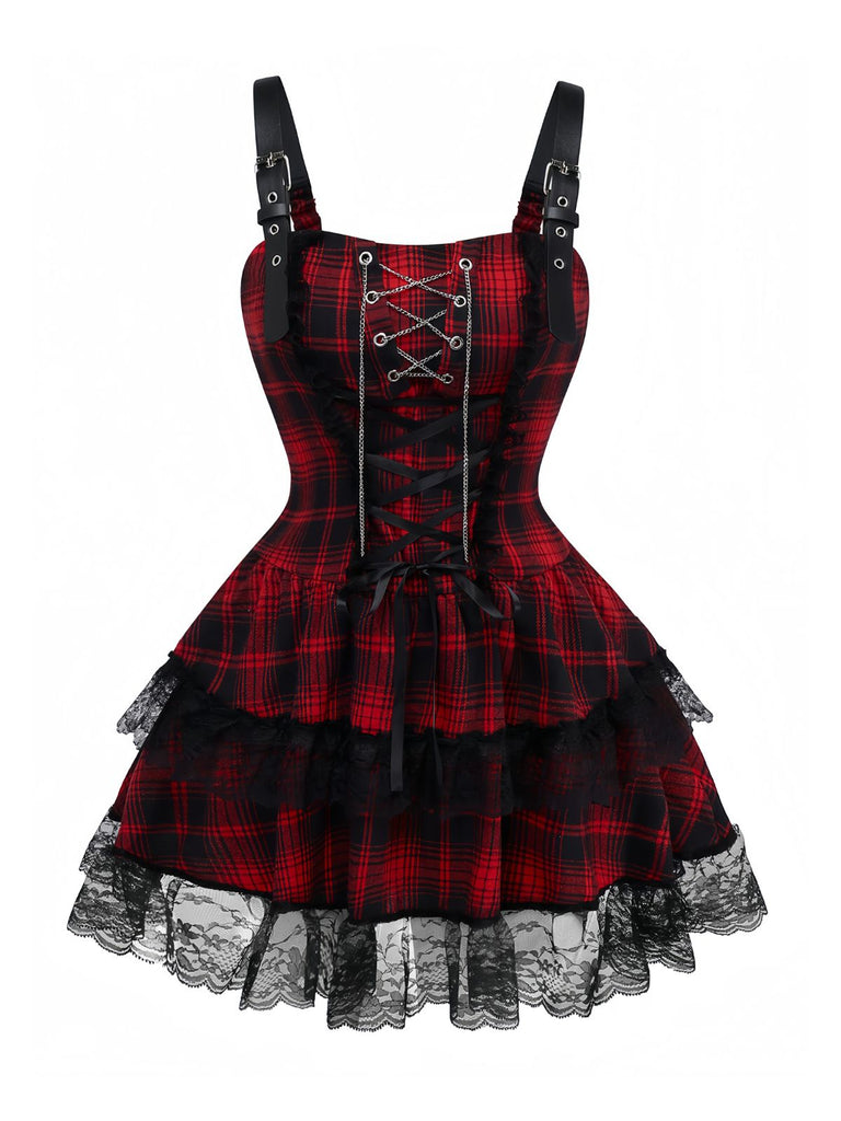 Red 1980s Gothic Lace Patchwork Plaid Dress - vintage dress, retro fashion, elegant red