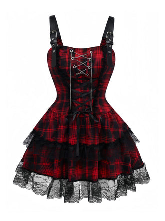 Red 1980s Gothic Lace Patchwork Plaid Dress - vintage dress, retro fashion, elegant red