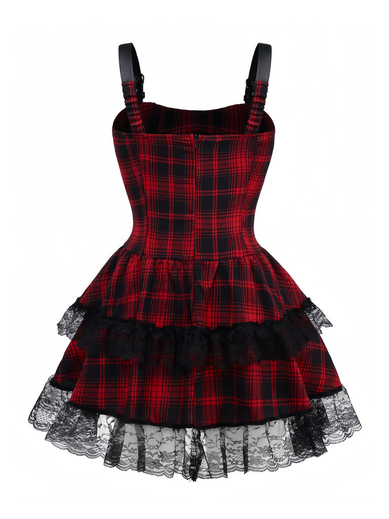 Red 1980s Gothic Lace Patchwork Plaid Dress - vintage dress, retro fashion, elegant red