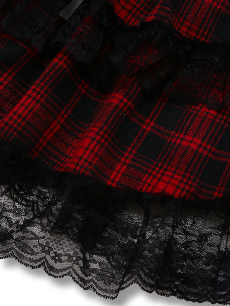 Red 1980s Gothic Lace Patchwork Plaid Dress - vintage dress, retro fashion, elegant red