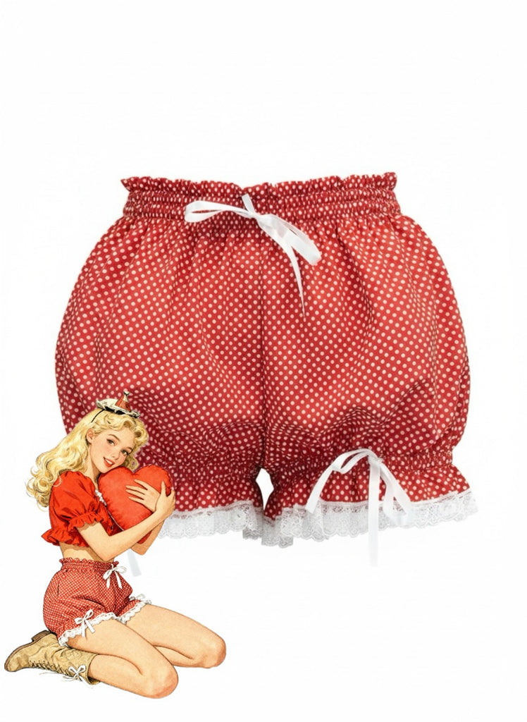 Red 1980s Polka Dot Bow Lace Trim Pumpkin Shorts - vintage fashion, retro style, elegant red