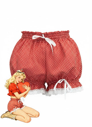 Red 1980s Polka Dot Bow Lace Trim Pumpkin Shorts - vintage fashion, retro style, elegant red