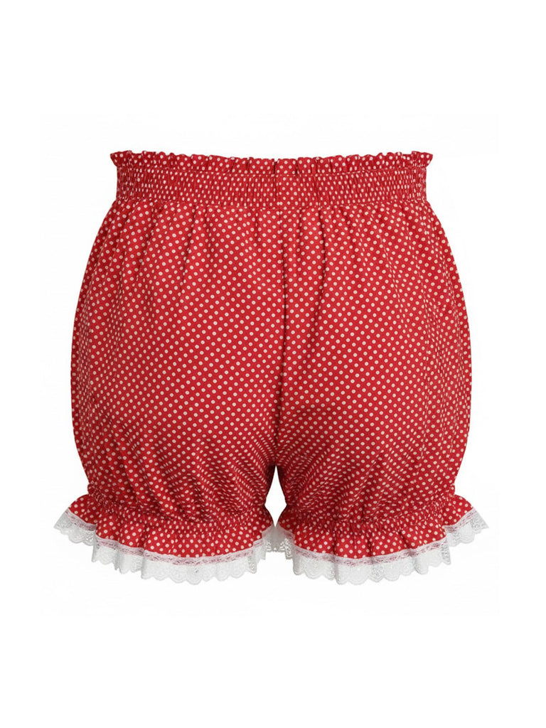 Red 1980s Polka Dot Bow Lace Trim Pumpkin Shorts - vintage fashion, retro style, elegant red