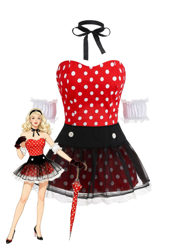 Red 1980s Polka Dot Dress & Mesh Skirt Set - vintage dress, retro fashion, elegant red