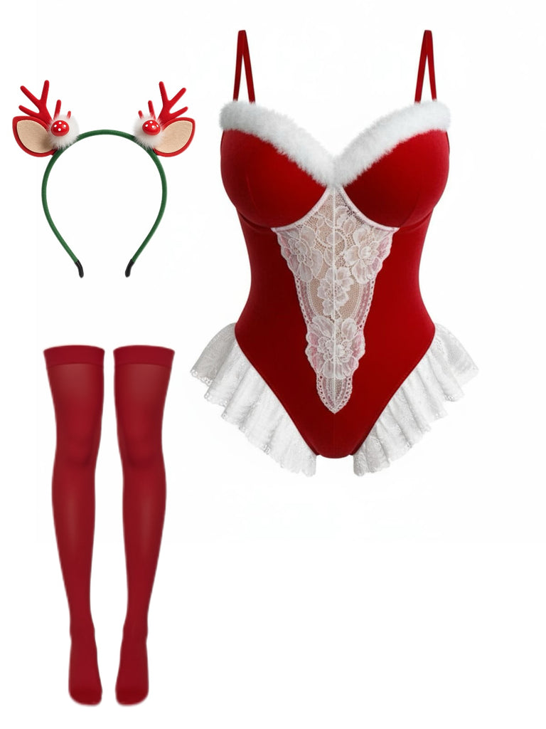 Red 1980s Reindeer Lace Christmas Lingerie Set - vintage fashion, retro style, elegant red