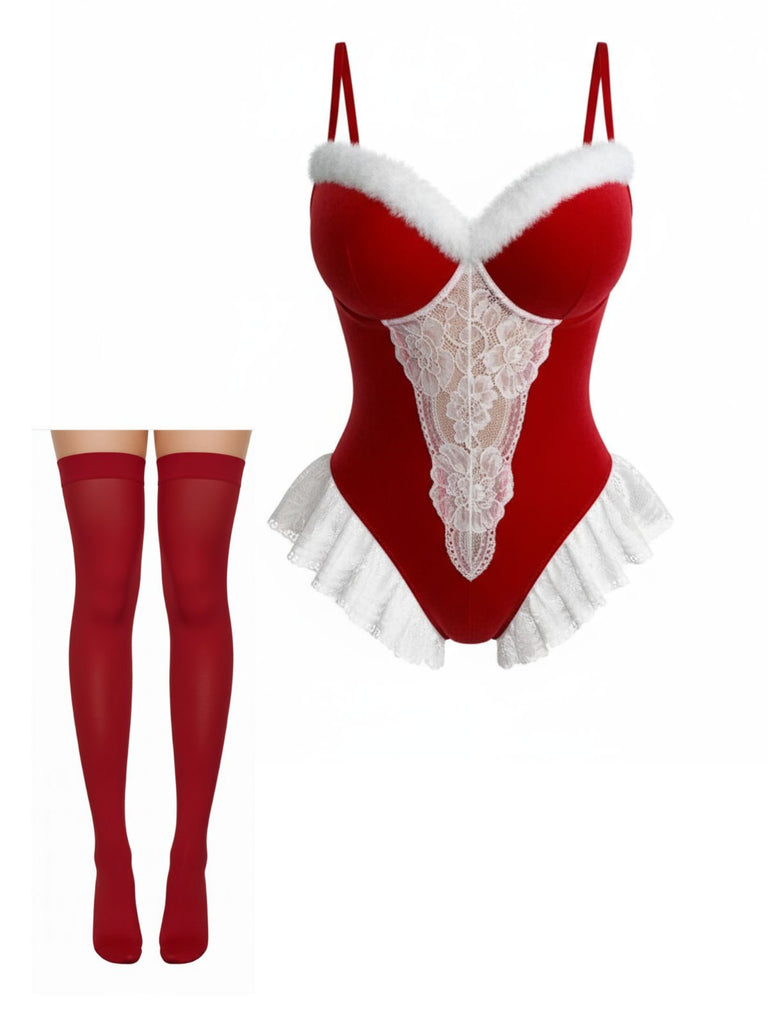 Red 1980s Reindeer Lace Christmas Lingerie Set - vintage fashion, retro style, elegant red