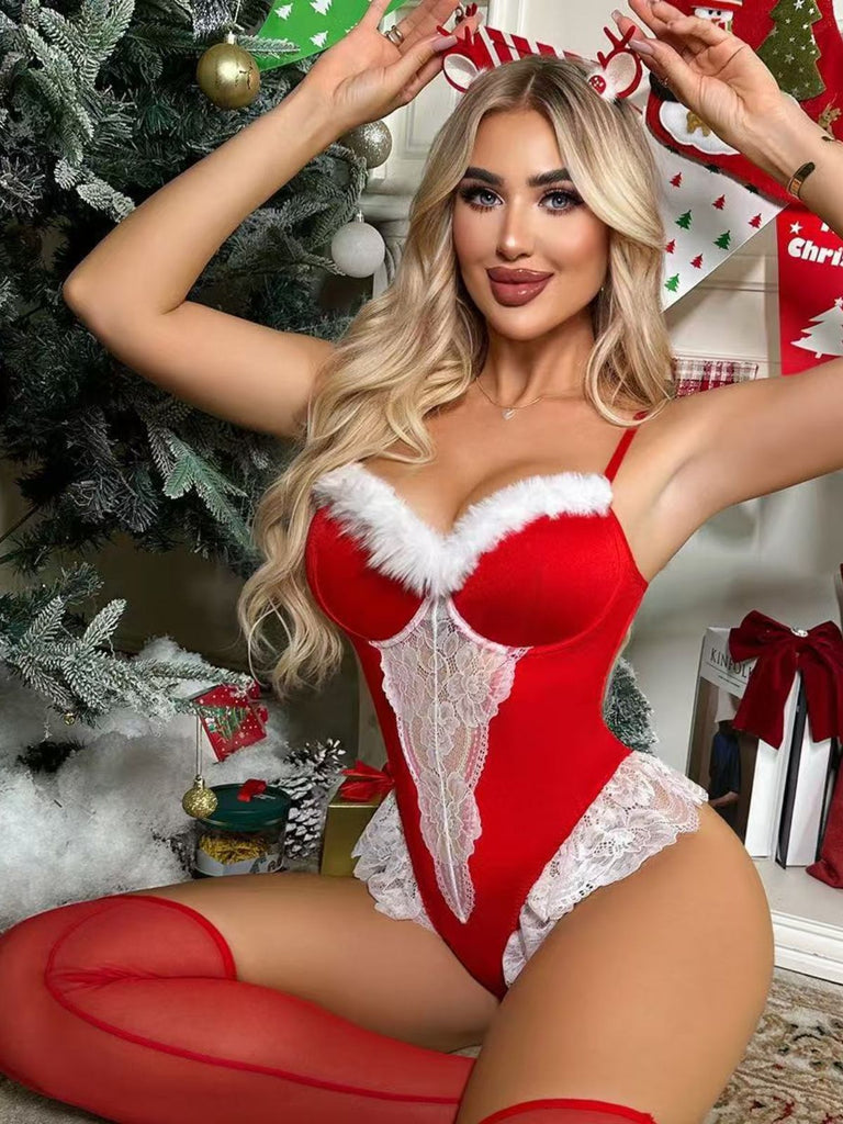 Red 1980s Reindeer Lace Christmas Lingerie Set - vintage fashion, retro style, elegant red