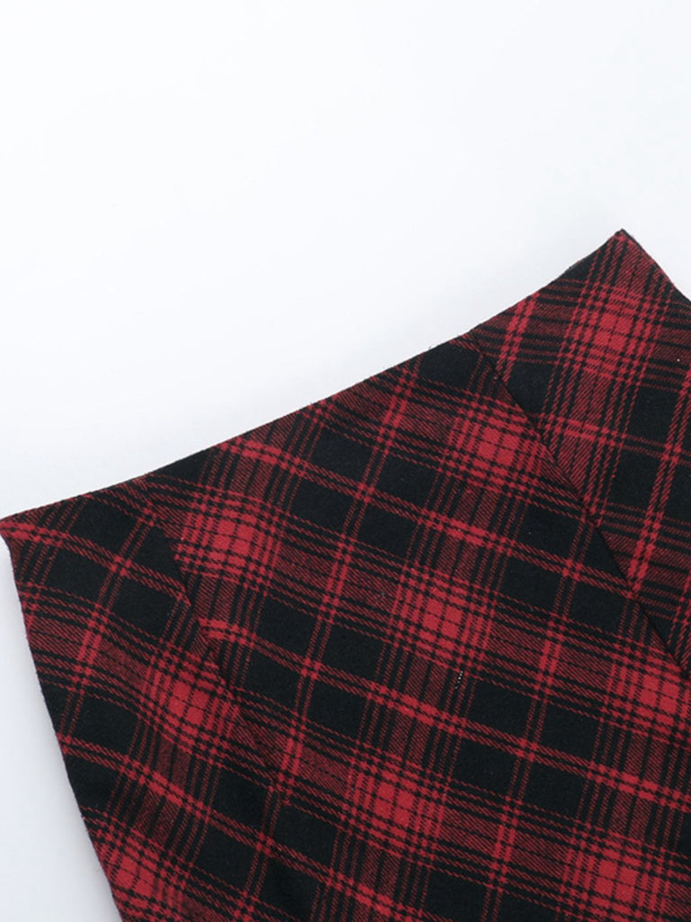 Red 1980s Scottish Plaid High-Low Hem Skirt - vintage skirt, retro style, elegant red